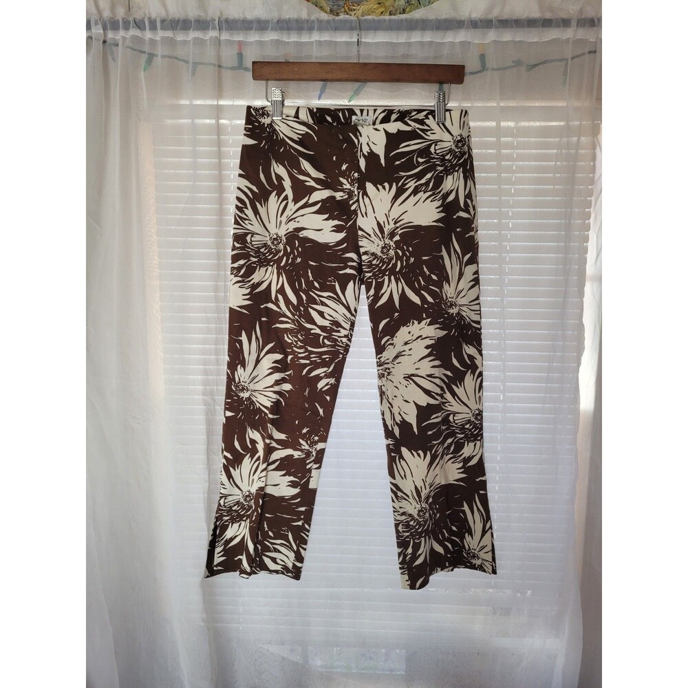 Cache Y2k Floral Wide Leg Crop Pants Size 6 White Brown Vintage Vogue Stretch